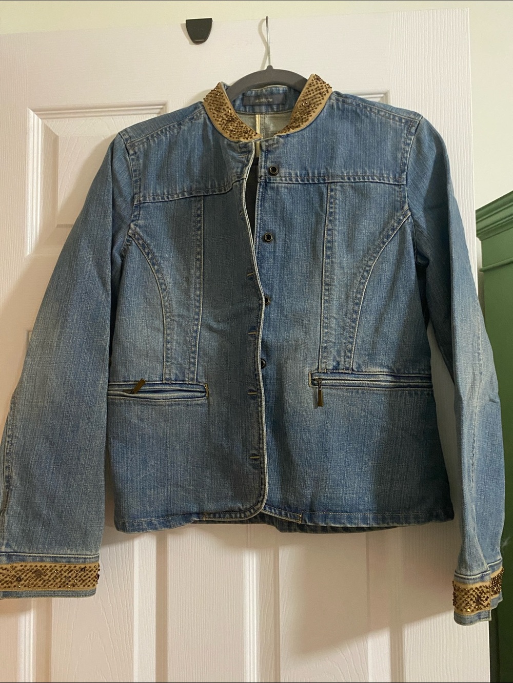 Liz Claiborne Womens Blue Denim Jacket with Sequin Trim